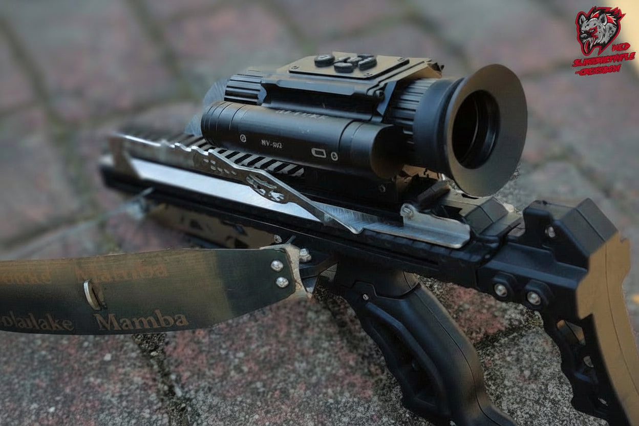 Weapon with a scope and knife on a textured surface