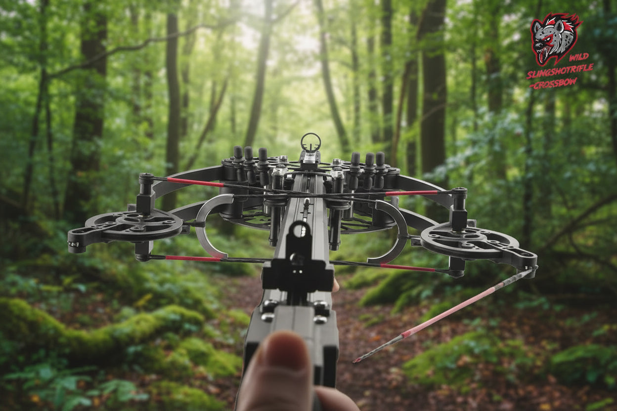 Close-up of a crossbow with a hand holding it, branded 'Wild Slinghotrifle Crossbow'.