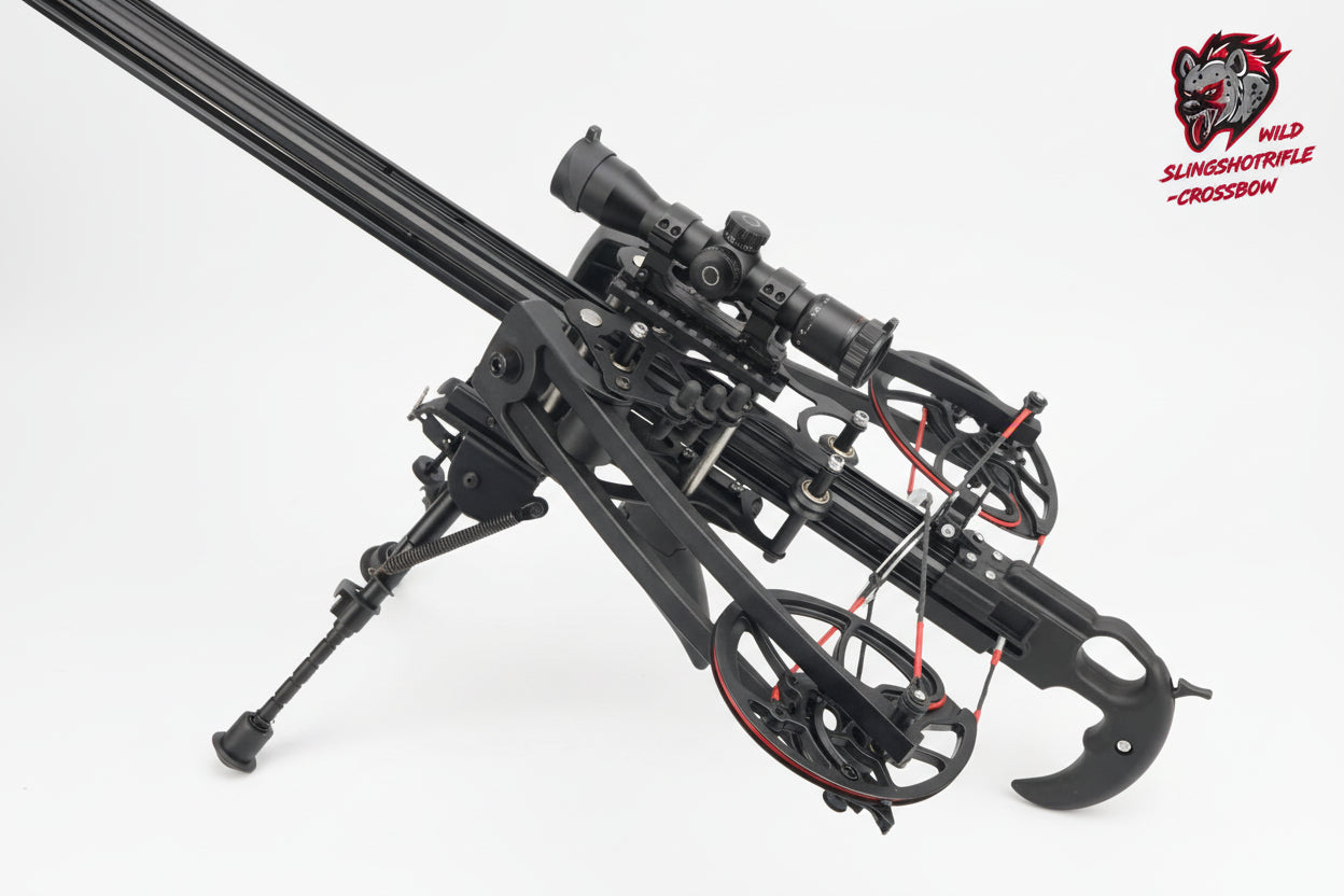 Black slingshot rifle on a white background with 'Wild Slingshot Rifle' logo.