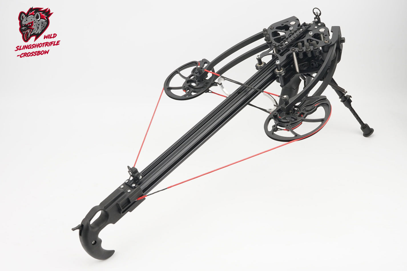 Black crossbow with red strings on a white background, featuring the brand 'SlingShot'.