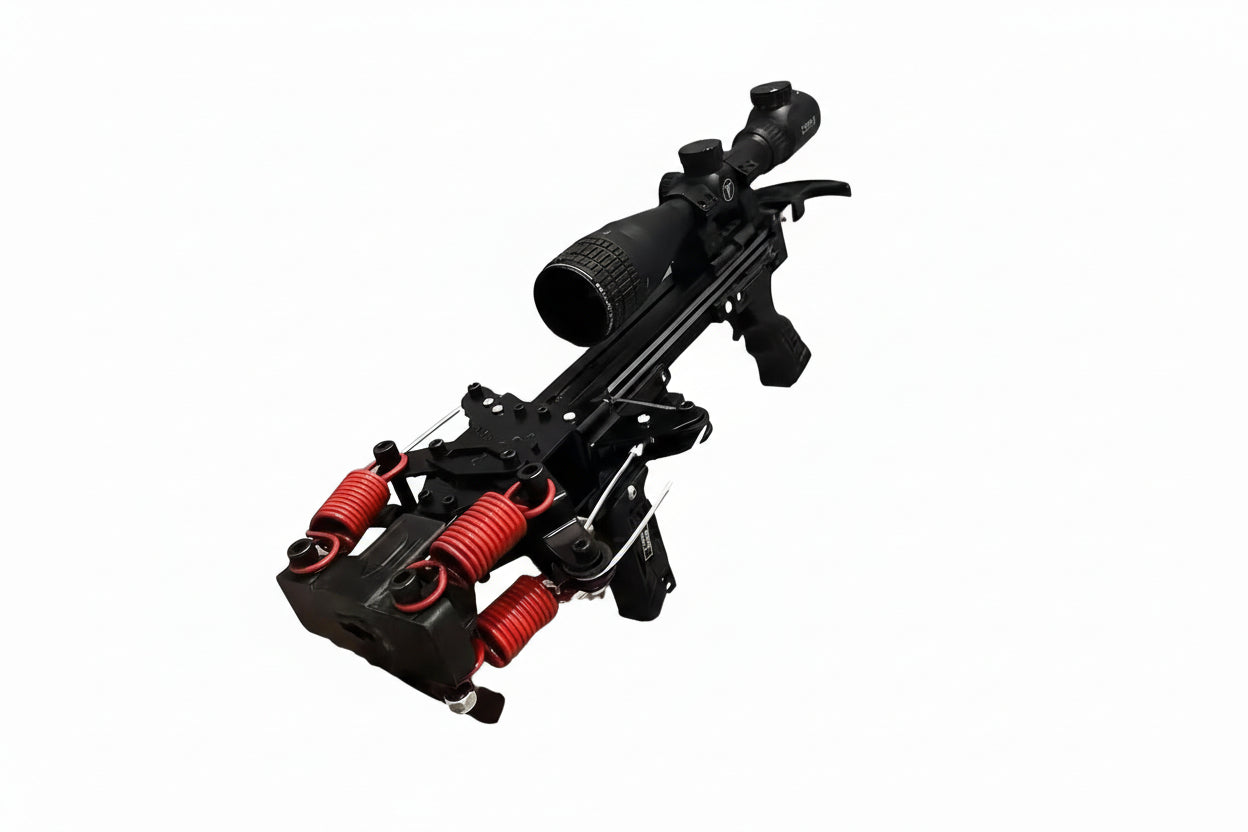 Black crossbow with red springs on a white background, scope is optional text.