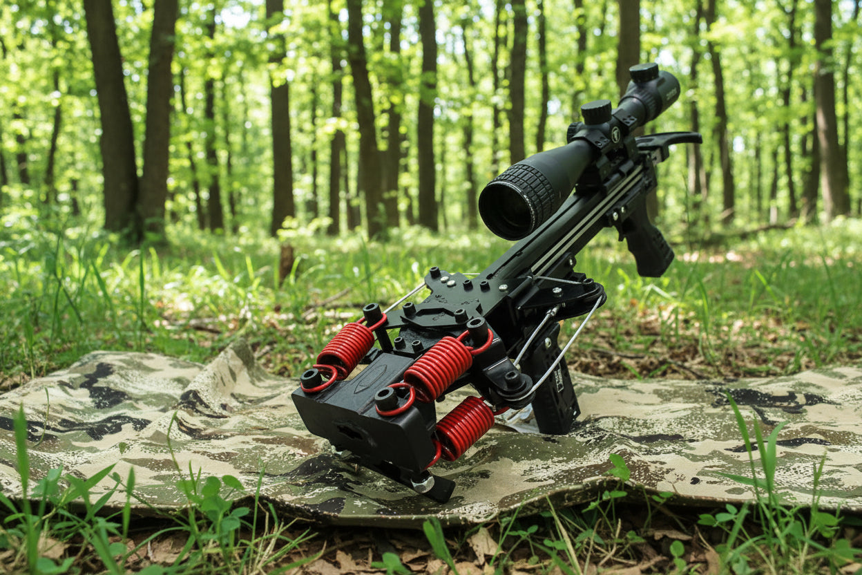 Crossbow with red springs on a camouflage surface