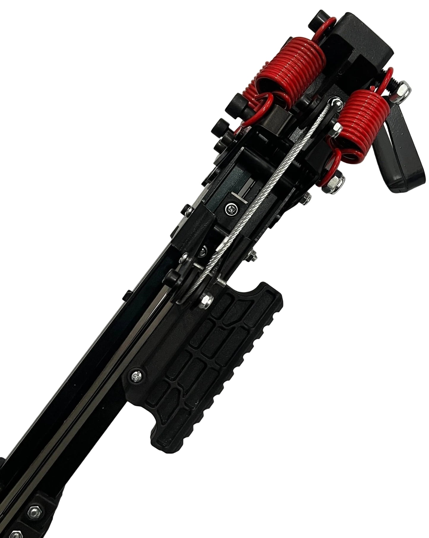 Mechanical device with red springs and black components on a white background