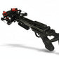 Black crossbow with red accents on a white surface