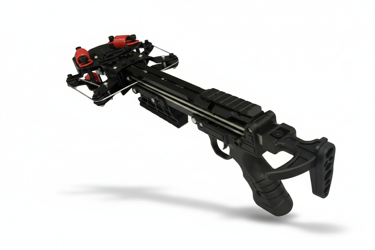 Black crossbow with red accents on a white surface