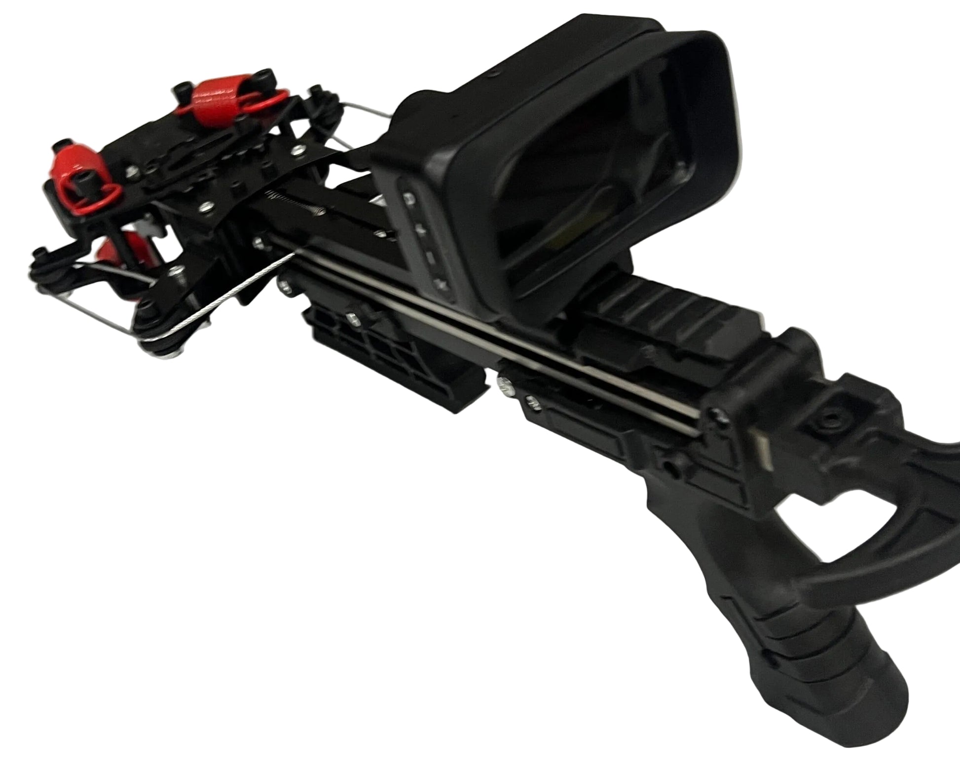 Black crossbow with red accents on a white surface